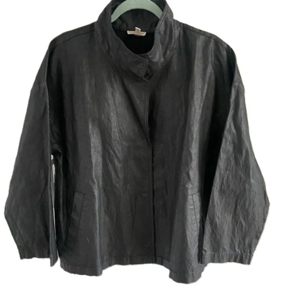 EILEEN FISHER Organic Cotton Linen Waxed Jacket 1X Black Stand Collar EUC